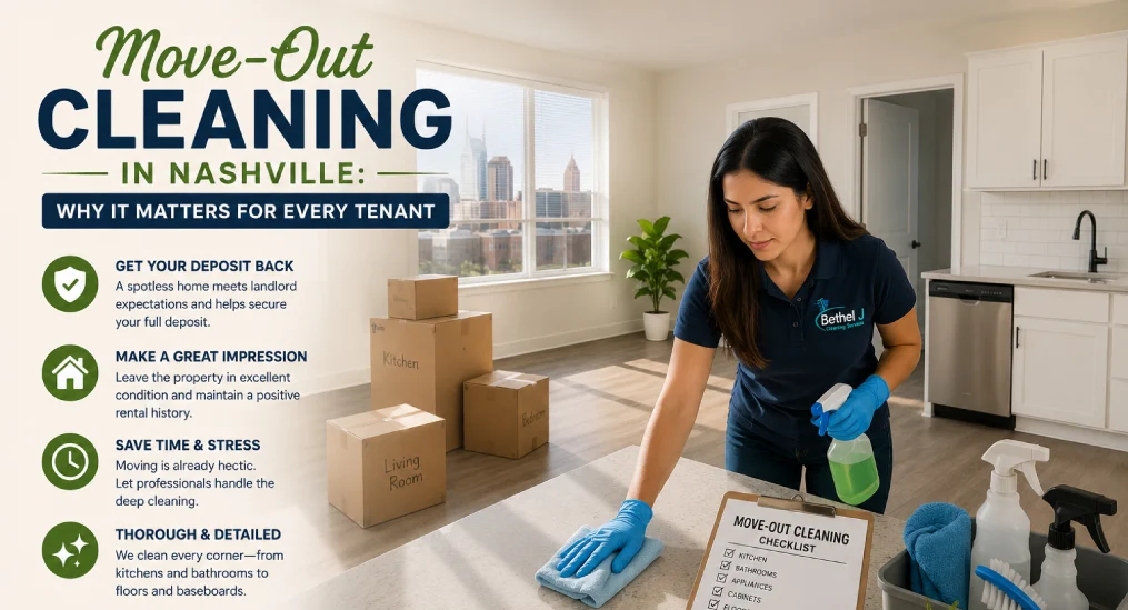 Move-Out Cleaning professional wiping a kitchen counter in a Nashville apartment.